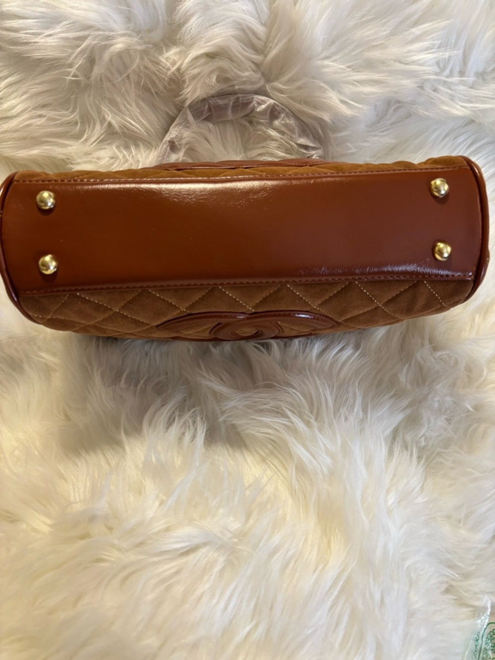 Brown Quilted Suede Top-Handle Satchel with Patent CC Logo - Picture 8 of 9